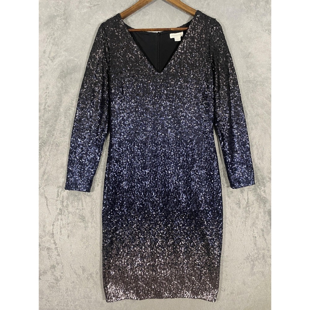 Monsoon Dress Sz 10 Black Tonal Sequin V‎ Neck Long Sleeve Bodycon Midi Party
